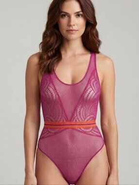 Victoria's Secret Fuchsia Fishnet Lace Bodysuit Teddy Sexy Lingerie Small